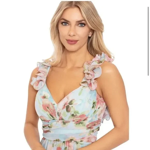 BETSY & ADAM Floral Print Ruffle Lace Back Gown Sz. 4 - Picture 6 of 11